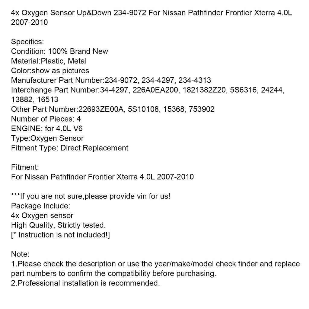 4x Oxygen Sensor Up&Down 234-9072 For Nissan Pathfinder Frontier Xterra 4.0L