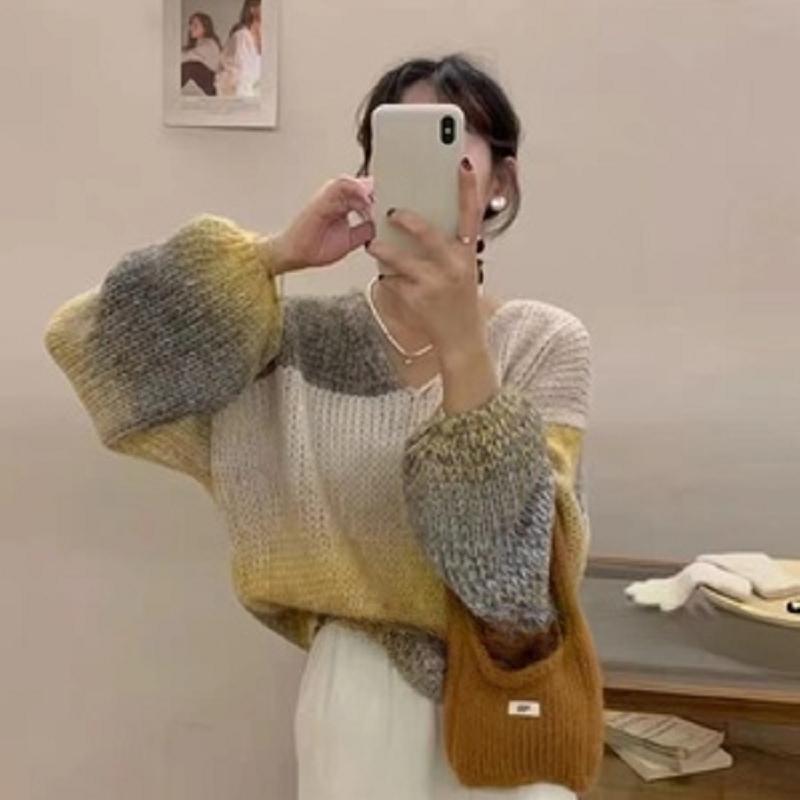 Осенний новый длинный рукав V-образный вырез свободный вязаный свитер для женщин зимний градиент радуга повседневные пуловеры свитера женские модные облегающие джемперы 25473