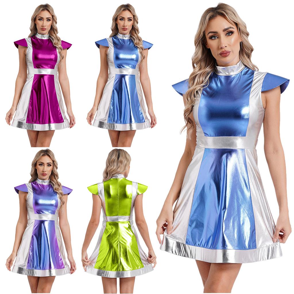Women's Space Fighter Costume Alien Dress-Up, Metallic Shiny Contrast Dress with Mock Neck & Cap Sleeves for Halloween Cosplay