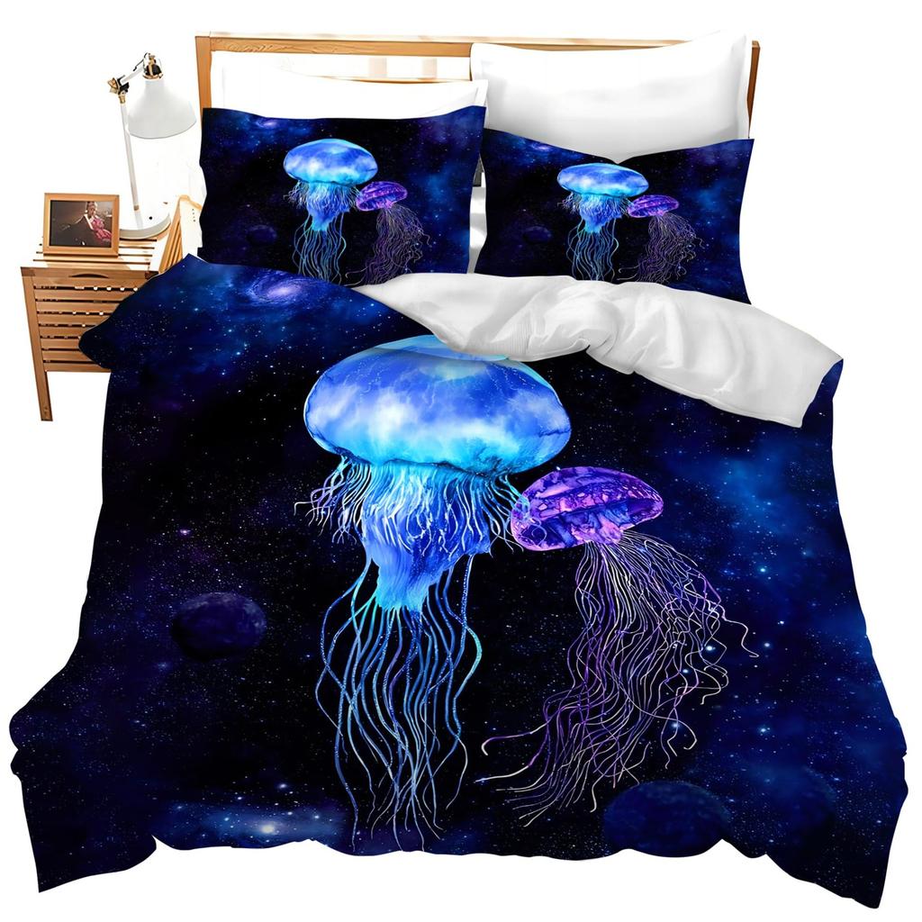 Longtu Three-Piece Quilt Cover 3D Digital Printing Bedding Set Blue Bed Cover