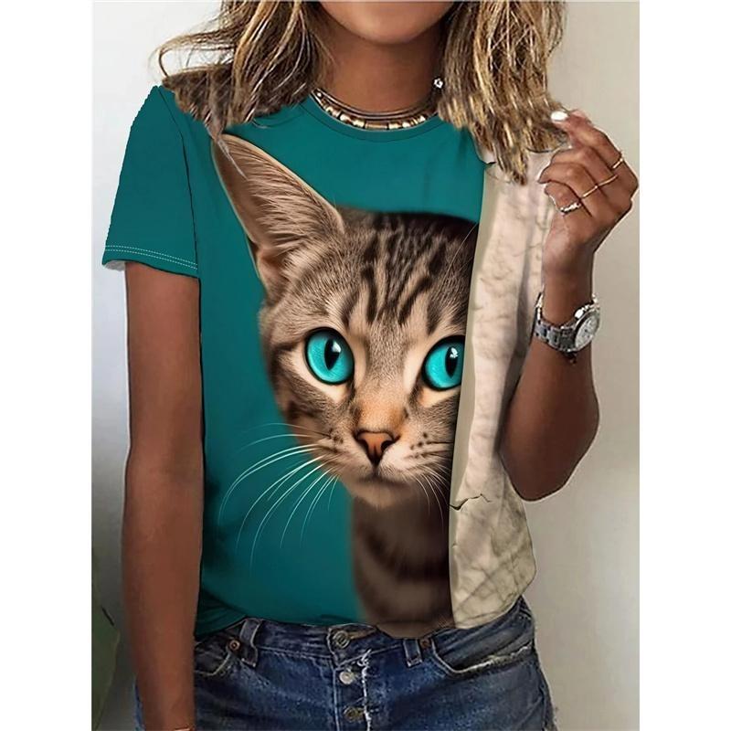 Funny Cat Pattern T Shirt For Women Clothing Cute Animal 3D Printed Short Sleeves Summer Oversized T-Shirts O-Neck Girl Tops Tees