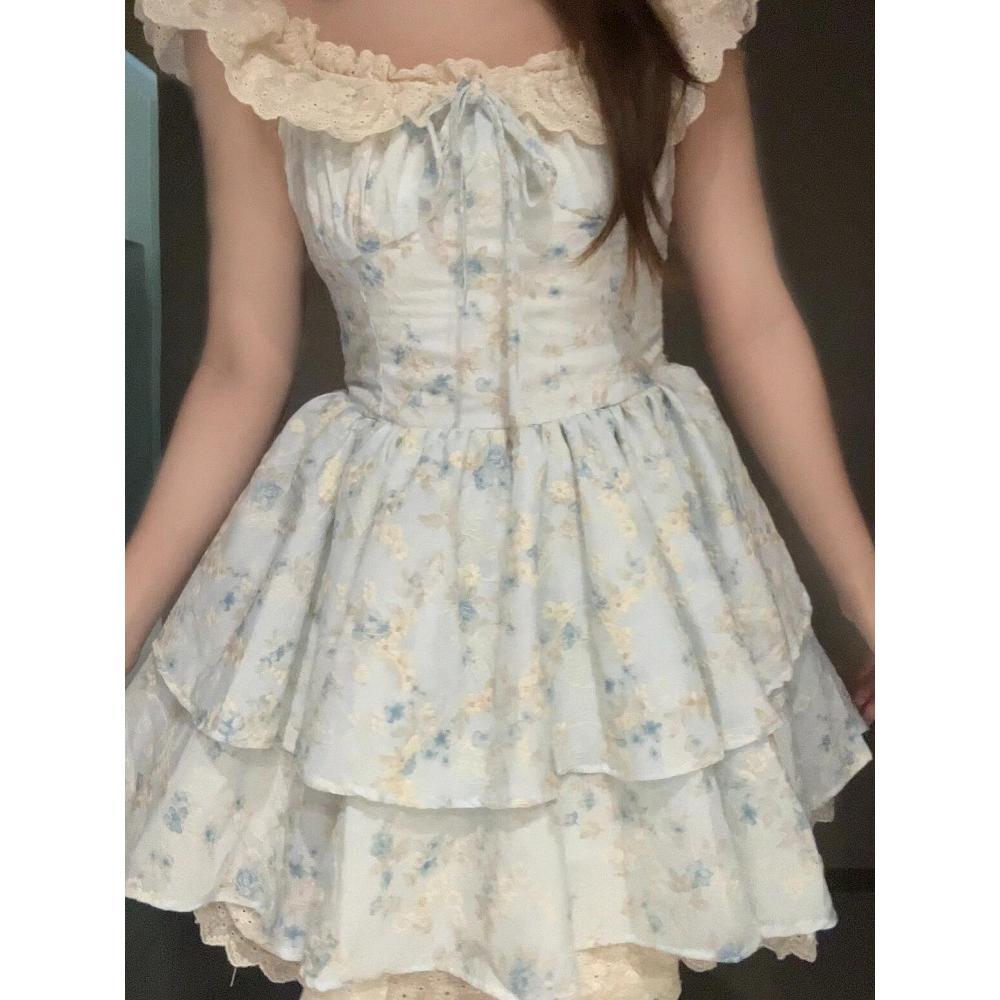 French Sweet Small Flying Sleeve Floral Dress Women's Summer Casual New Small Waist Princess Fluffy Short Dress