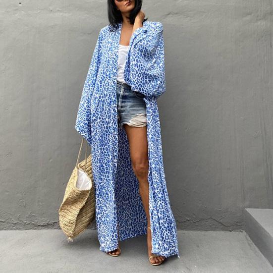 Long Robe Strapless Skin-friendly Blue Vintage Oversize Leopard Pattern Cardigan Shopping