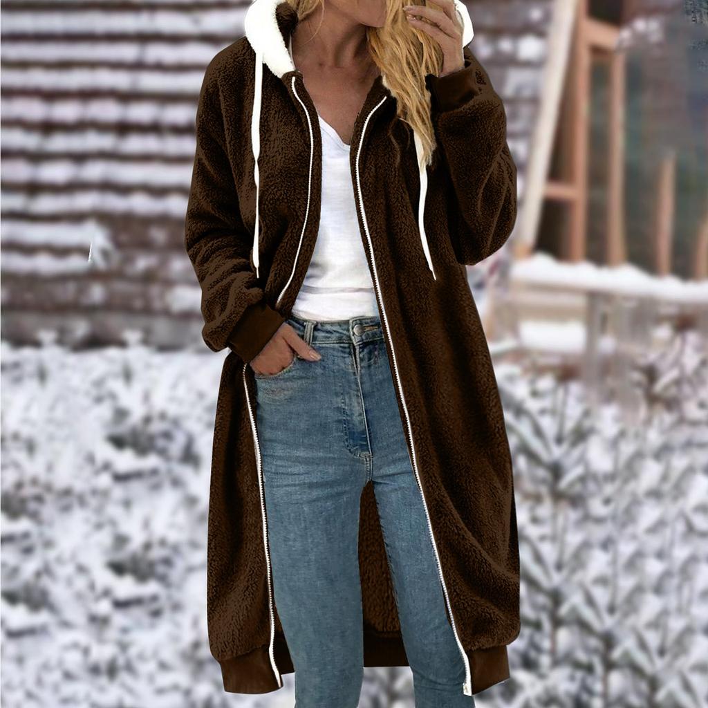 Women's Medium Length Solid Color Double-sided Plush Pocket Hooded Coat