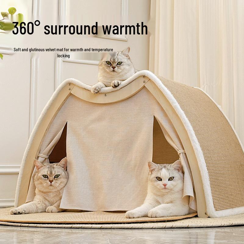 Super Large All-Season Cat & Dog House: Sisal Scratching Board, Solid Wood Enclosed Bed, Cat Tent Villa