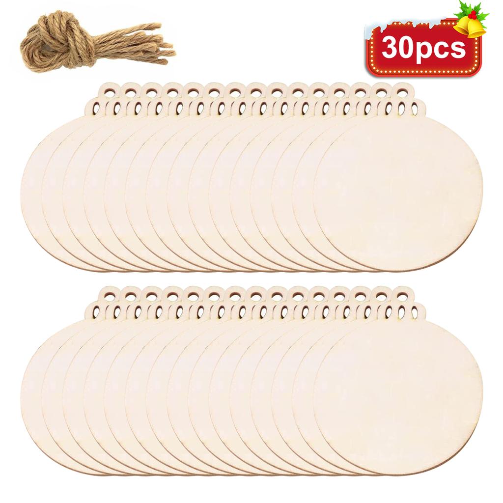 Wood Slices Set 3.5" Wooden DIY Christmas Ornaments Unfinished Predrilled Wood Circles with Twines Rope, Hanging Decorations