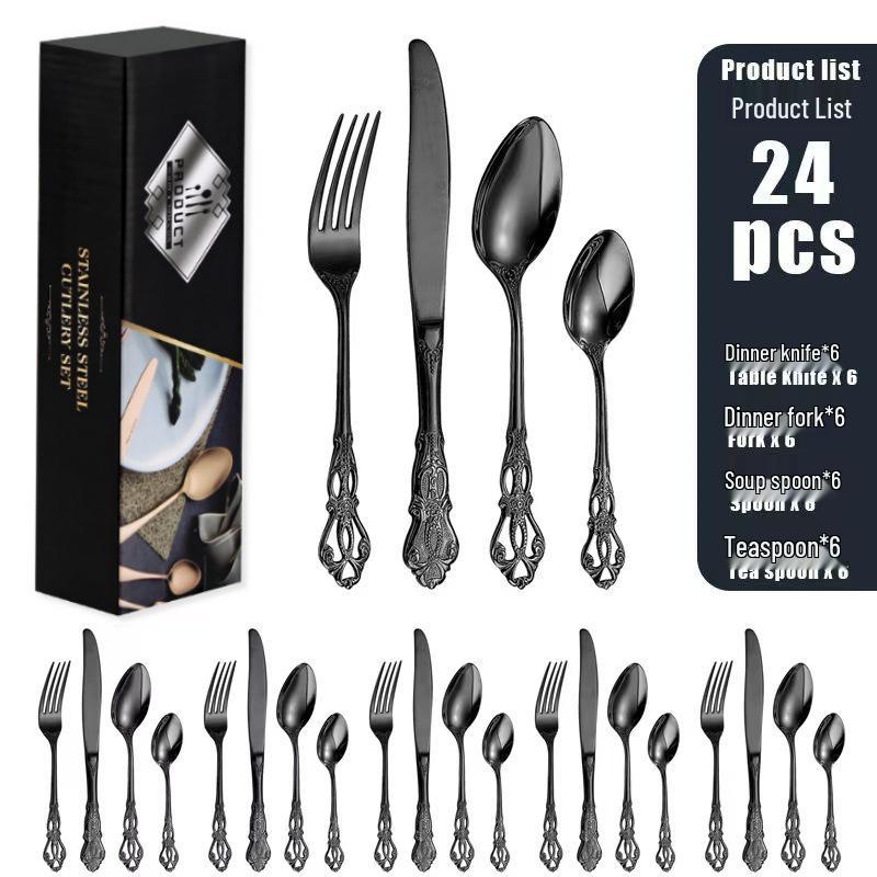 Набор столовых приборов Royal Court из 24 предметов из нержавеющей стали - Тисненые полые ножи для стейка, вилки и ложки
