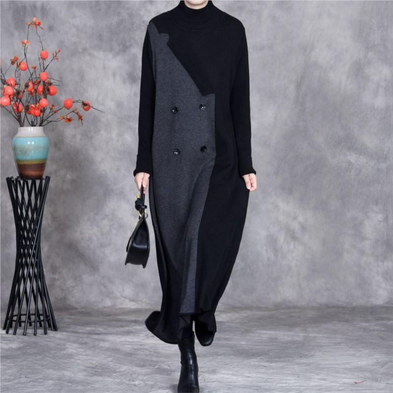 Johnature Woman Winter Neck Long Sleeves Knit Dress Niche Contrast Devise Fashion Personality Dress