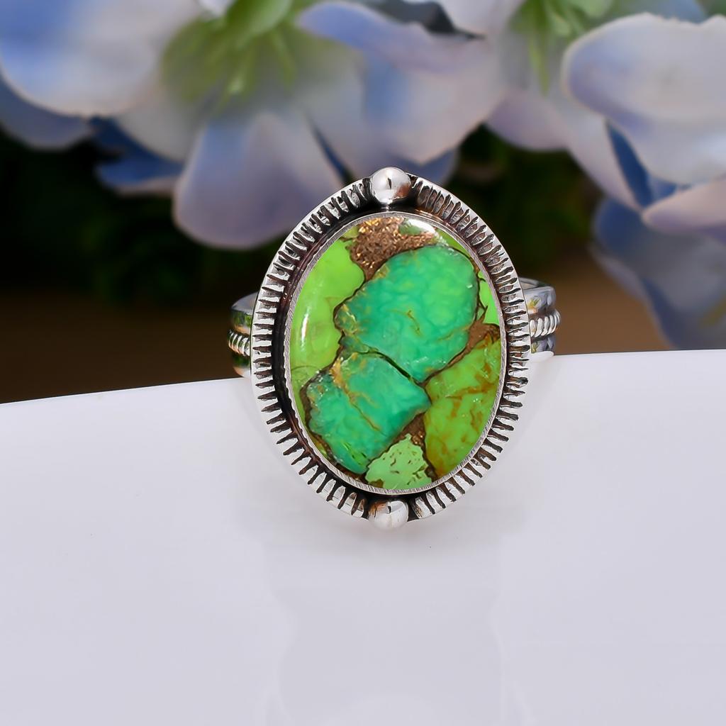 Copper Green Turquoise 925 Sterling Silver Ring V5079, Green Ring, Oval Ring, Valentin's Day Gift, Gift For Her, Birthday Gift, Handmade Jewelry, Silv