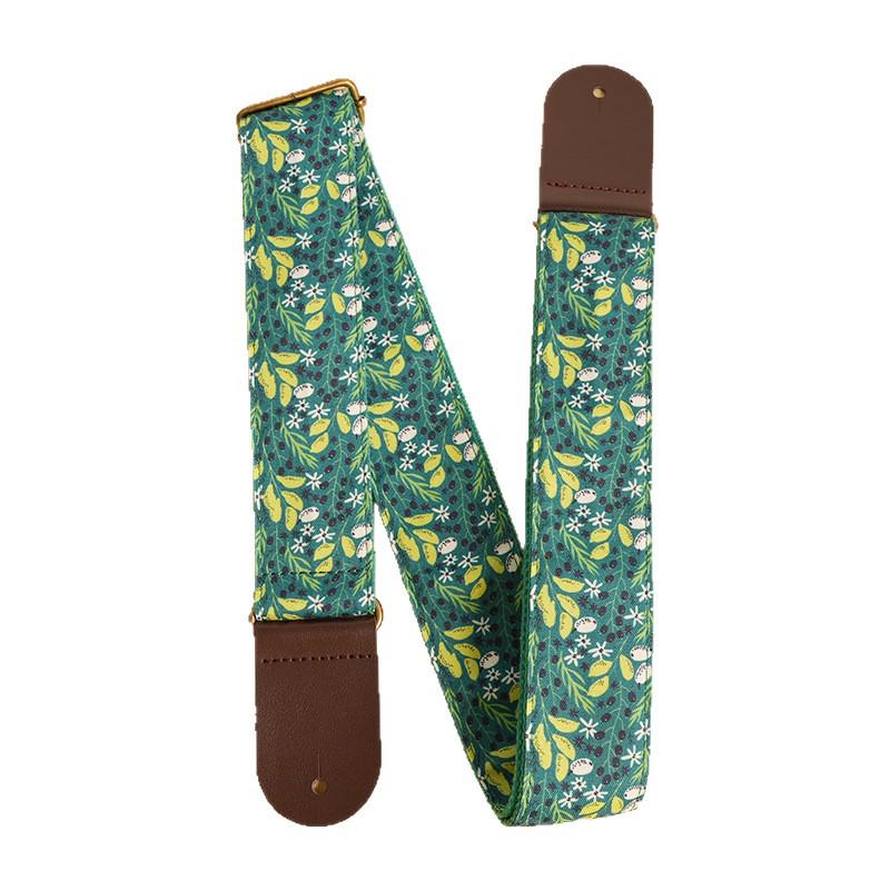 Retro Forest Style Faux Leather Guitar Strap with Green Leaf Vine Design