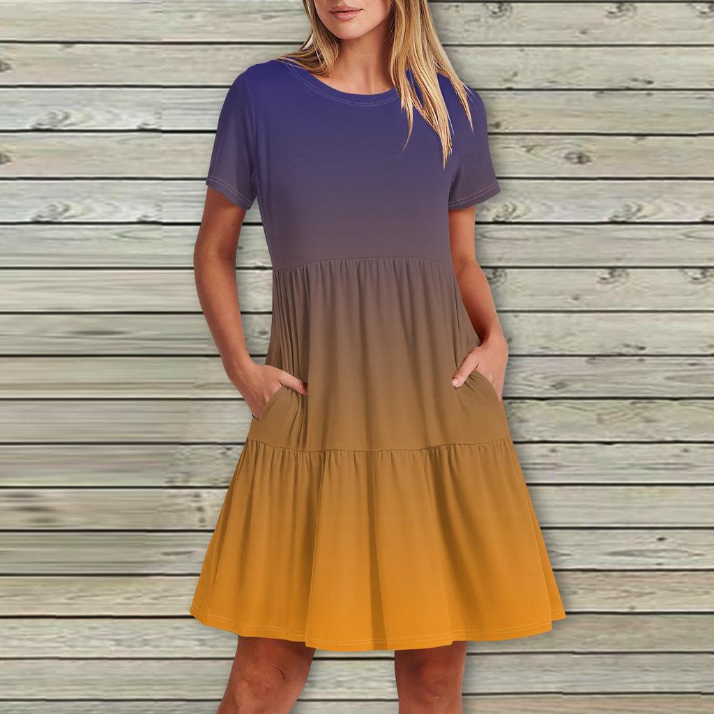 Женское повседневное модное платье-миди с круглым вырезом и коротким рукавом с принтом и карманом