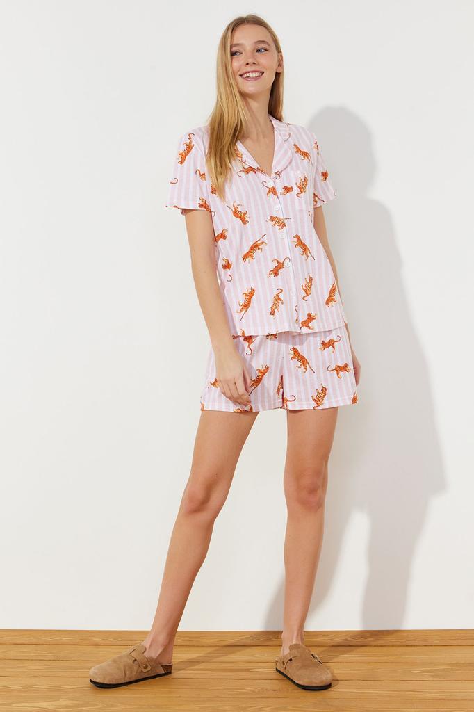 Women's Fashion Multicolored 100% Cotton Striped Animal Pattern Knitted Pajama Set