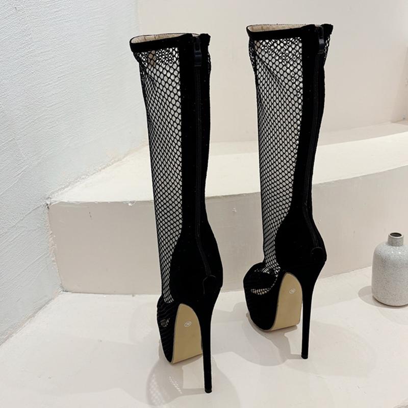 Fashion Liyke Sexy Peep Toe Gold Heels Stripper Pole Dance Platform Boots For Women Zip Fashion Mesh Knee High Shoes Female Botas Mujer