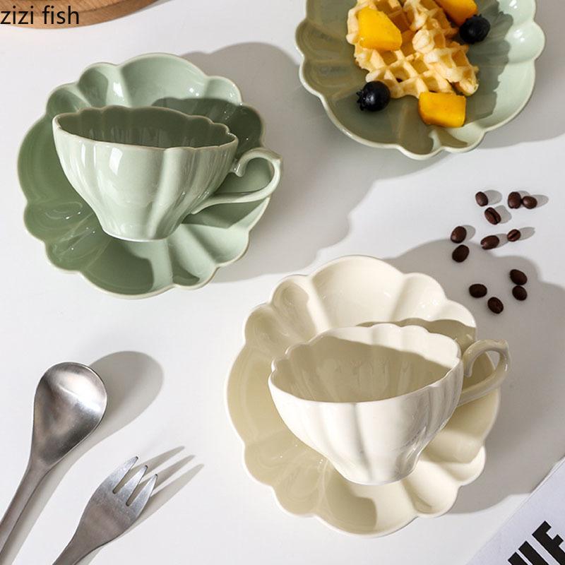 Однотонная керамическая кружка в форме цветка, красивая кружка для кофе, офисная кружка для молока, чашка для завтрака, чашка для напитков, бытовые стаканы для воды