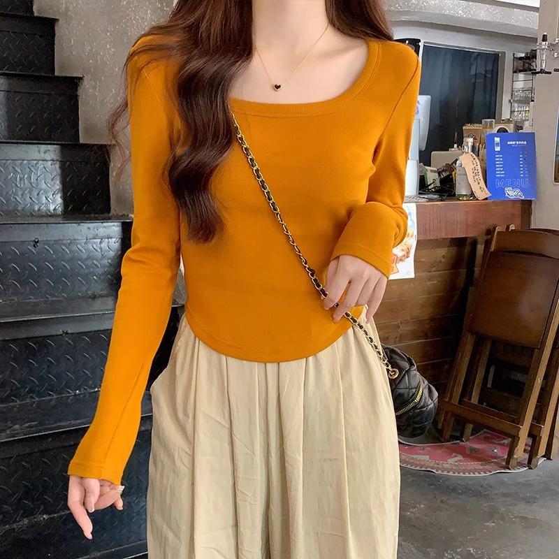 Европейские модные рубашки, новые футболки с длинным рукавом для женщин, осенне-зимний квадратный воротник, правое плечо, неровные верхние части из немецкого бархата