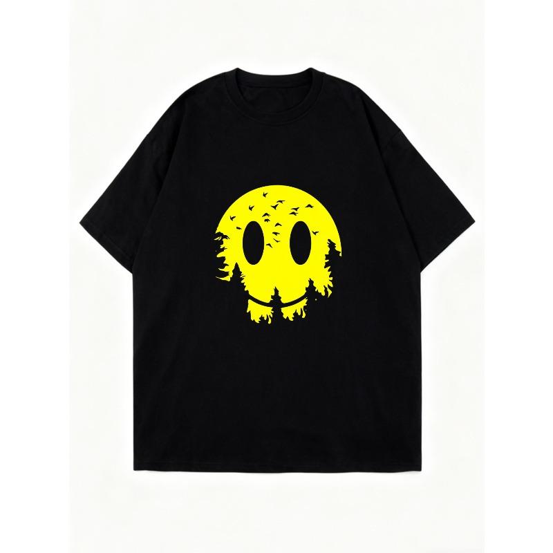 Oversized T Shirt Black Yellow Skull Print With Birds And Trees Graphic For Casual Streetwear Style