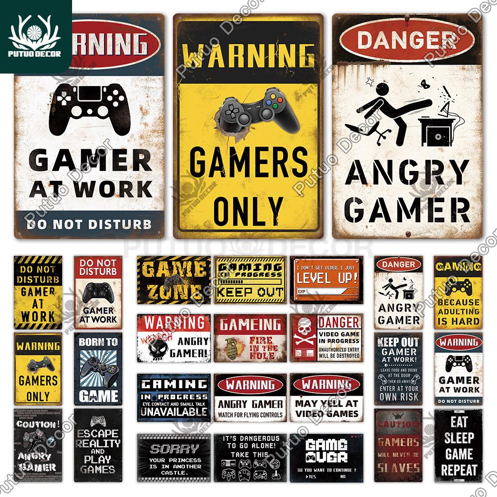 Decor Funny Gamer Metal Signs Vintage Tin Sign Gamer At Work Retro Signs for Home House Club Game Room Man Cave Wall Decor