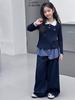 Fall Girls' Slim Fit Peplum Polo Sweatshirt & Wide Leg Denim Pants Set