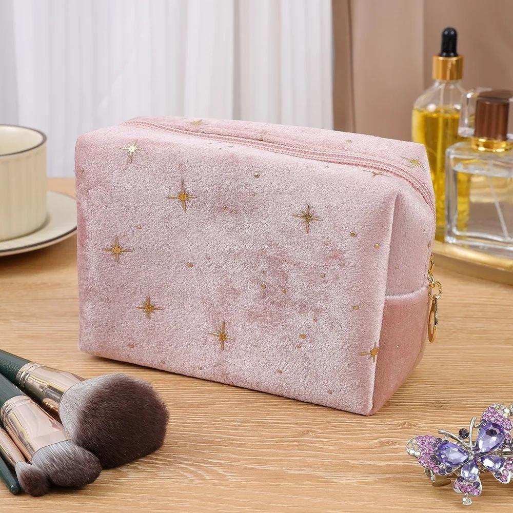 High Quality Portable Cosmetic Bag stamping star pattern with Zipper Make Up Storage Bag Soft Velvet Women Toiletry Bag