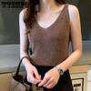 Women's Solid Color Large Size Shiny Silk Vests Casual Versatile Ice Silk V-neck Tank Tops Sleeveless Base T-shirts