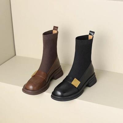 Вязаные эластичные носки-ботинки тонкие ботинки женские толстый каблук 2025 осень и зима новые лоферы короткие ботинки средний каблук ретро ботинки Мартин