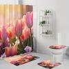 4Pcs Bathroom Shower Curtain Set Pink Tulip Pattern Bathroom Curtain With 12 Hooks Non Slip Rugs Toilet Cover Mat Bathroom Partition