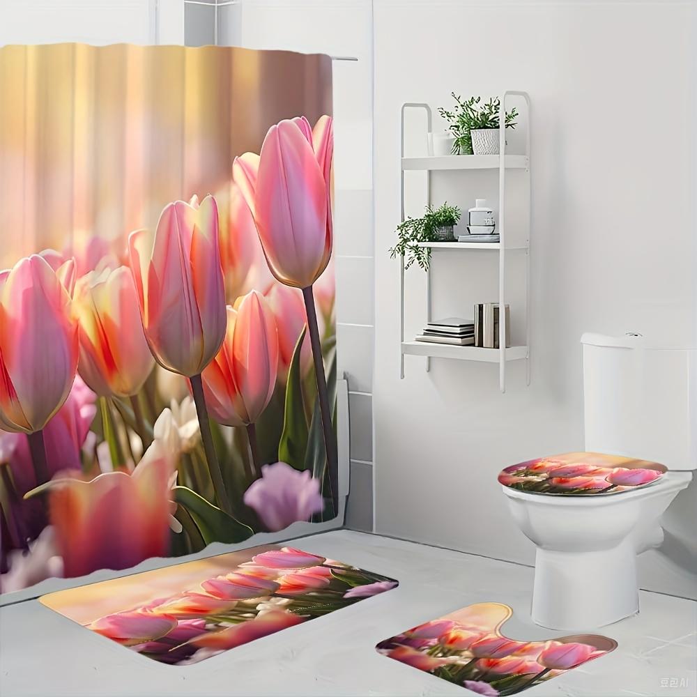 4Pcs Bathroom Shower Curtain Set Pink Tulip Pattern Bathroom Curtain With 12 Hooks Non Slip Rugs Toilet Cover Mat Bathroom Partition