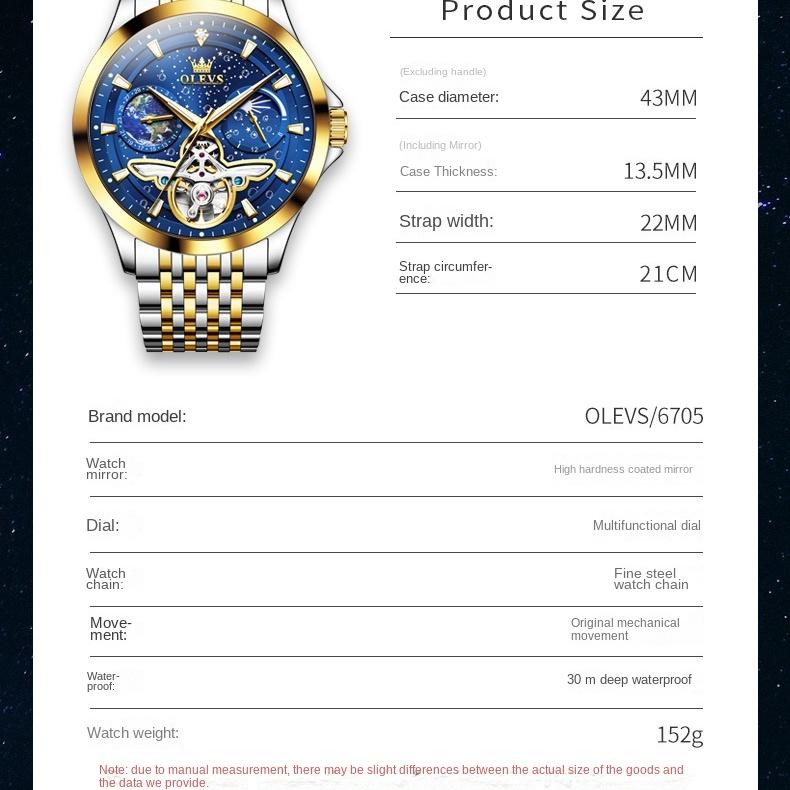 OLEVS Brand Watch Waterproof Starry Night Mechanical Watch Men's Watch Men's Watch
