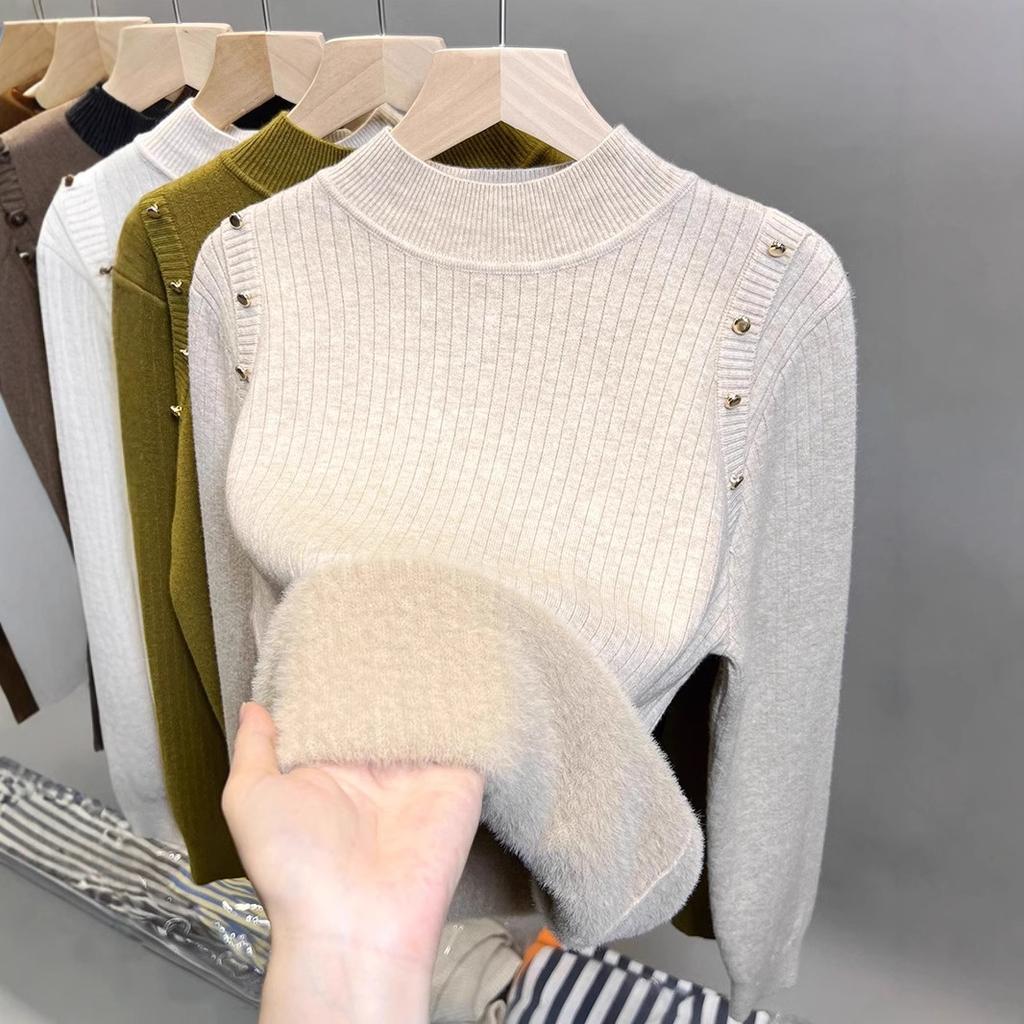 Женский осенне-зимний свитер плюс бархатная полуводолазка нижняя рубашка Единый утолщенный бархатный свитшот новый вязаный свитер верх