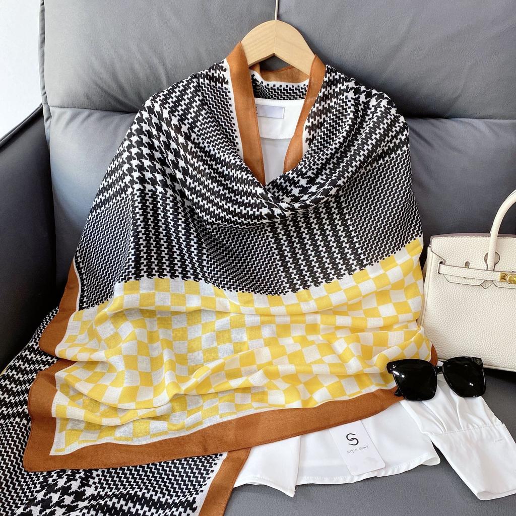 Retro Thousand Birds Grid Long Cotton and Linen Women's Summer Sun Protection Beach Towel Vacation Yarn Outside Air-conditioned Room Warm Scarf