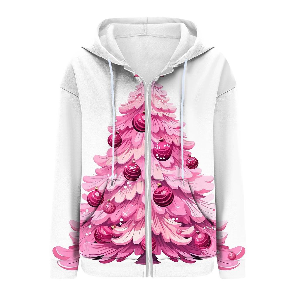 Женская рождественская печатная толстовка осень-зима с длинным рукавом кардиган куртка с карманами на молнии толстовка с капюшоном верхняя одежда