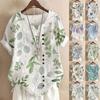 Women's 2024 Summer Retro Faux Cotton Linen Print Loose Casual Short Sleeve T-Shirt