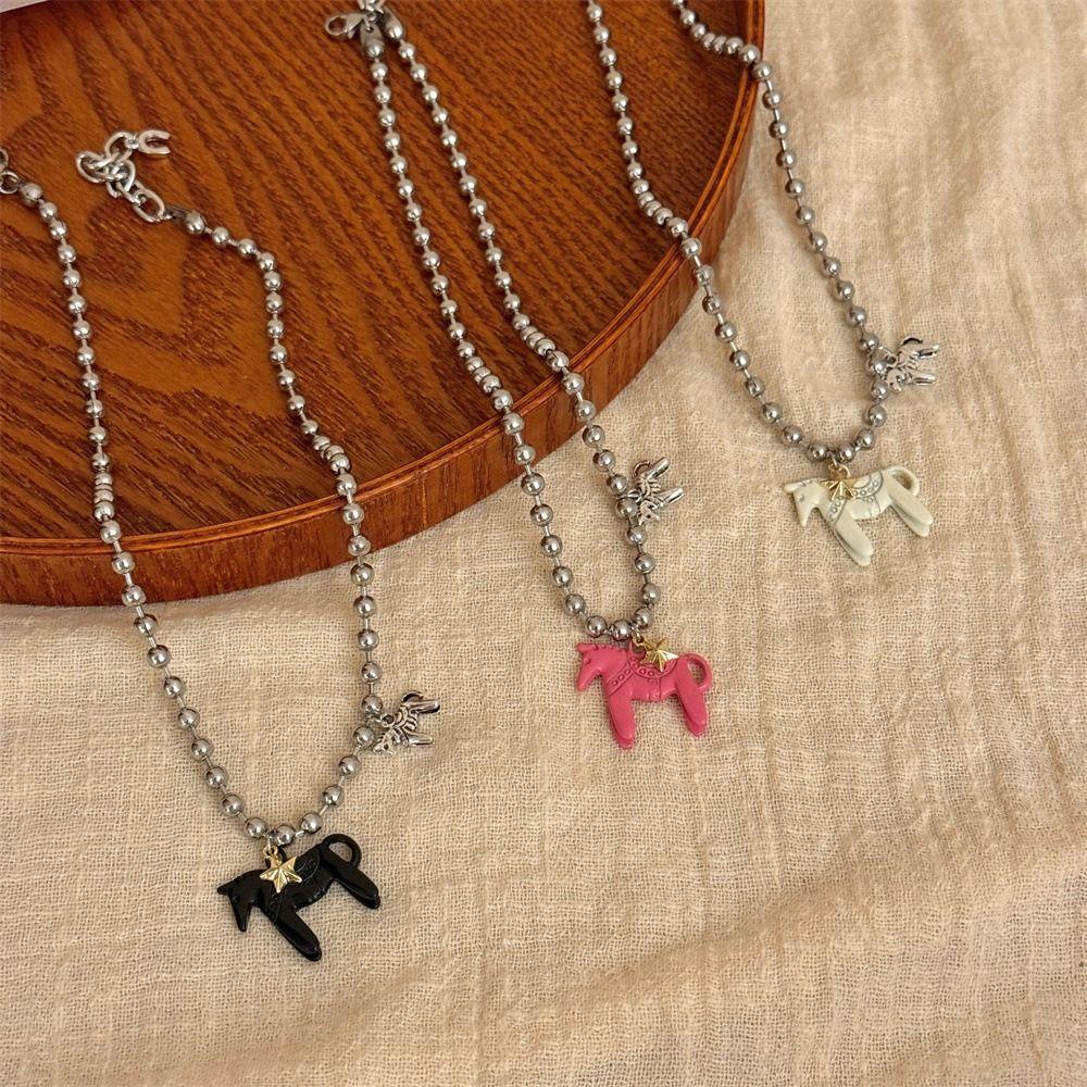 Alloy Horse Pendant Necklace Silver Plated Beads Neck Chain Enamel Pendant Necklace  for Women