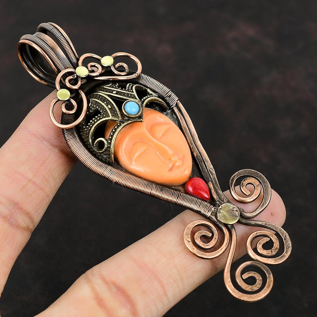 Оранжевый резной кулон с лицом из кости, кулон из медной проволоки, кулон с кораллом и бирюзой, драгоценный камень, медные украшения, украшения из проволоки ручной работы для подарка