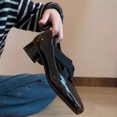 Версия из овчины~ Балетки из кожи с квадратным носком и перекрестными ремешками, ретро одинарная обувь, женские туфли Мэри Джейн на толстом каблуке