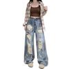 Тай-дай Пустошь Ветер Широкие штанины Рваные джинсы Женские Ретро Большие размеры Осень Драпирующиеся Волочащиеся брюки Ретро Уличный стиль Мешковатые Длинные джинсы для женщин