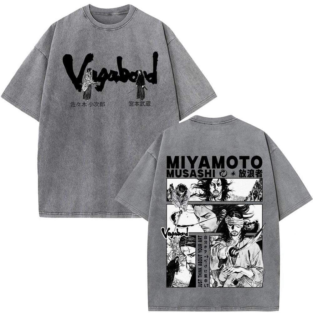 Vintage Washed Anime Vagabond Miyamoto Musashi Manga Tshirts Men Women Clothing Casual Cotton Short Sleeve Oversized T Shirts