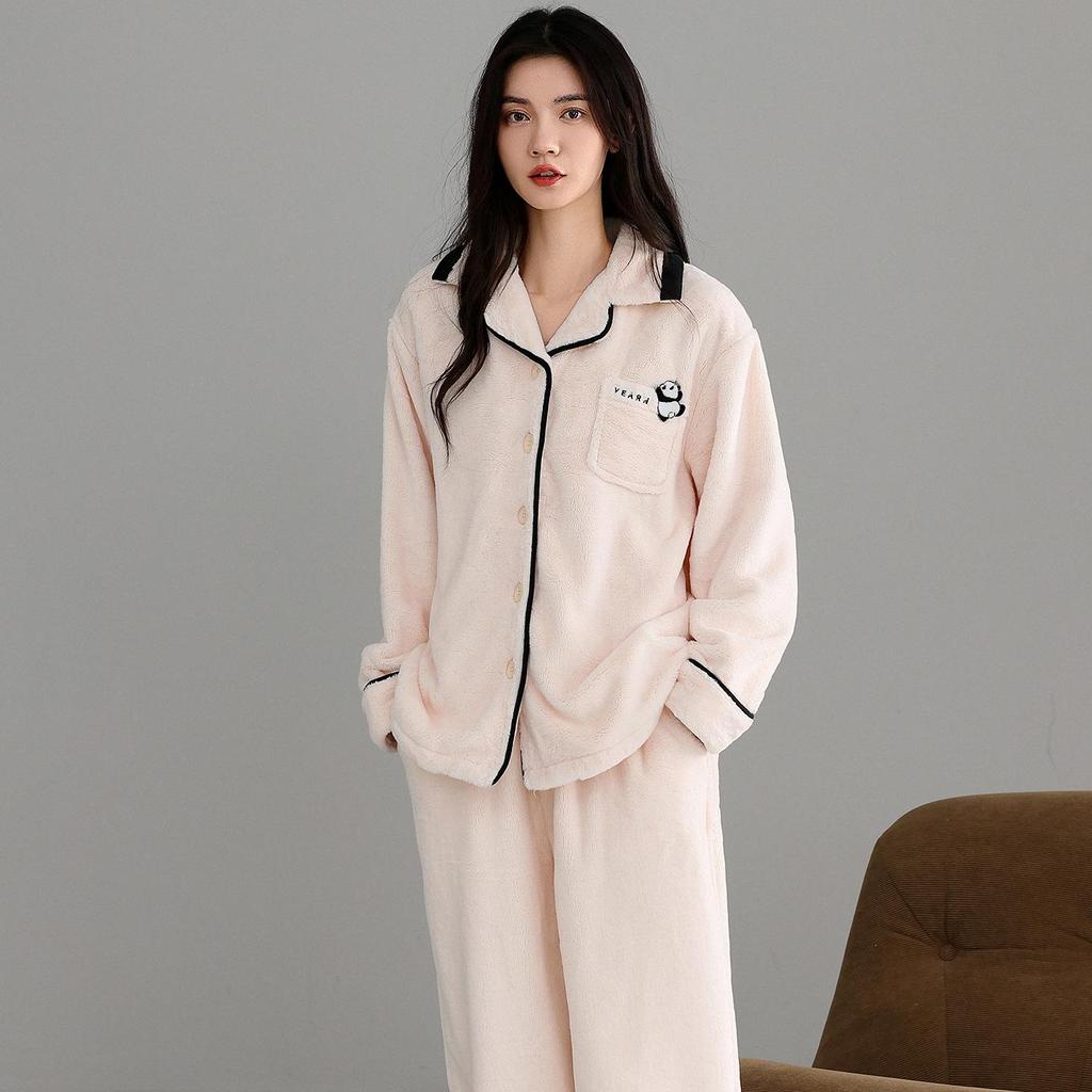 Women's Winter Flannel Pajama Set: Long Sleeve Cardigan & Warm Coral Fleece with Cartoon Panda Design