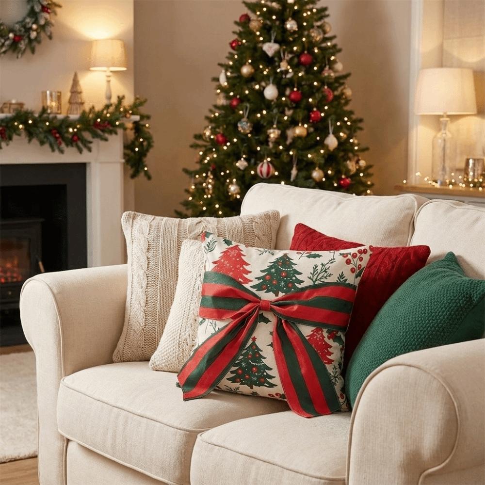 Bow Design Throw Cushion Case Snowflake Xmas Tree Pillowslip  Indoor Holiday Decoration