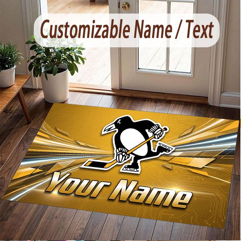 Custom Rug Pittsburgh Penguins Pattern Print Name Text Soft Non‑Slip Floor Carpet for Home Indoor Decoration