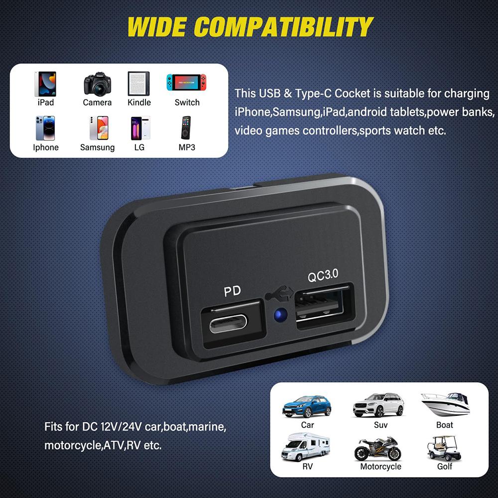 PD QC3.0 Car Charger Socket Quick Charge 12V/24V Dual USB Power Adapter Outlet LED Light For Truck Camper Caravan Accessories Motorcycle