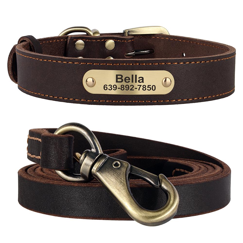 Real Leather Dog Collar Leash Set Personalized Pet Collar With Leash Free Engraving Nameplate For Small Medium Large Dogs