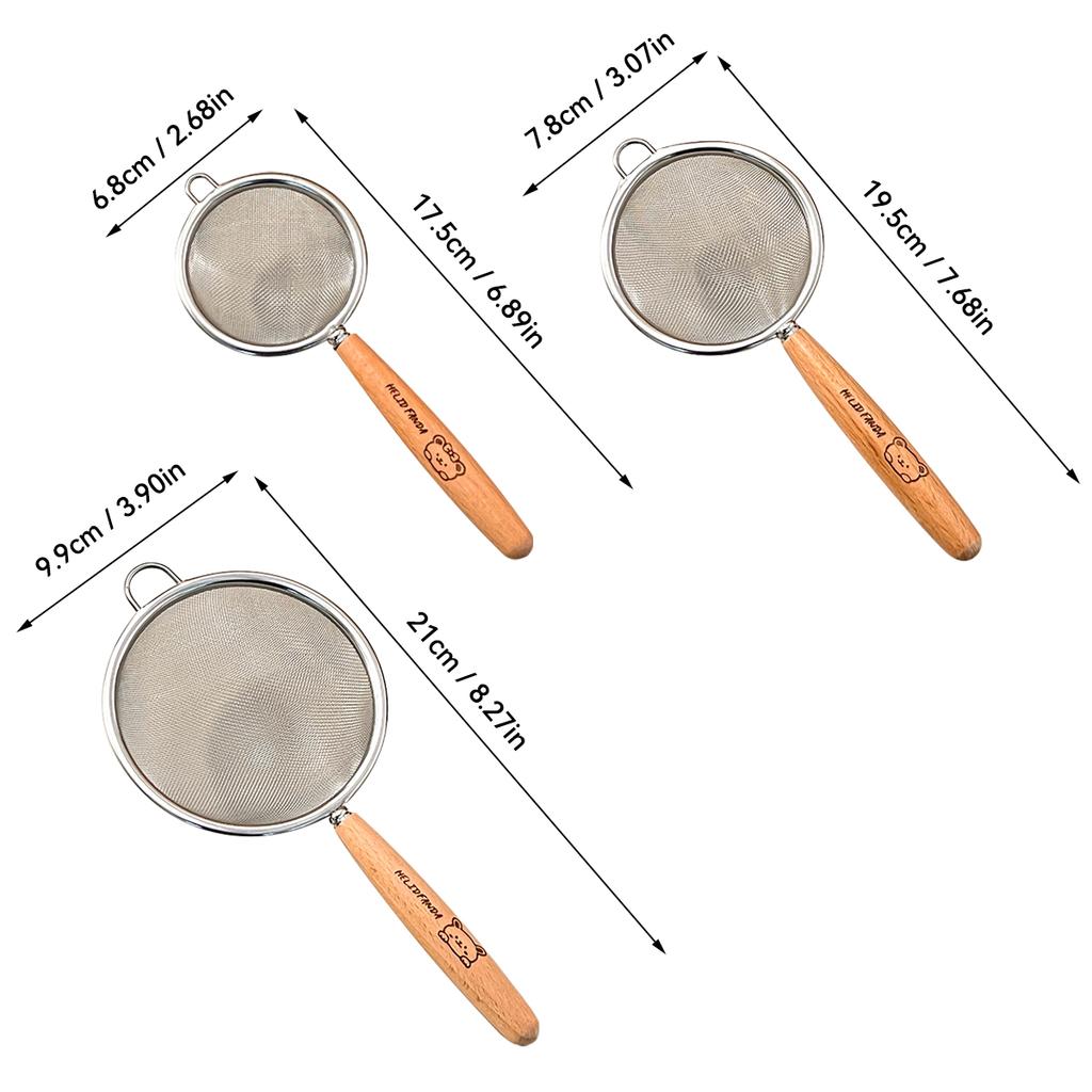 304 Stainless Steel Flour Sieve With Wooden Handle Fine Mesh Food Strainer Residue Filter Spoon Colander Kitchen Accessories