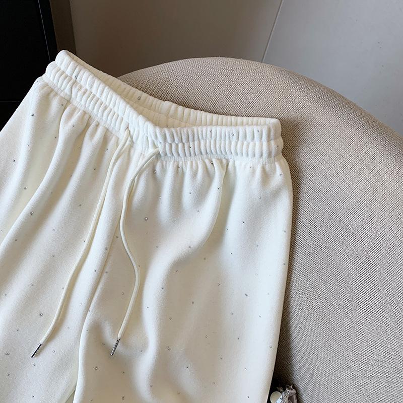 Heavy Rhinestone Velvet Cashmere Wide-Leg Pants - Women's Autumn/Winter Floor-Length Casual Sweatpants