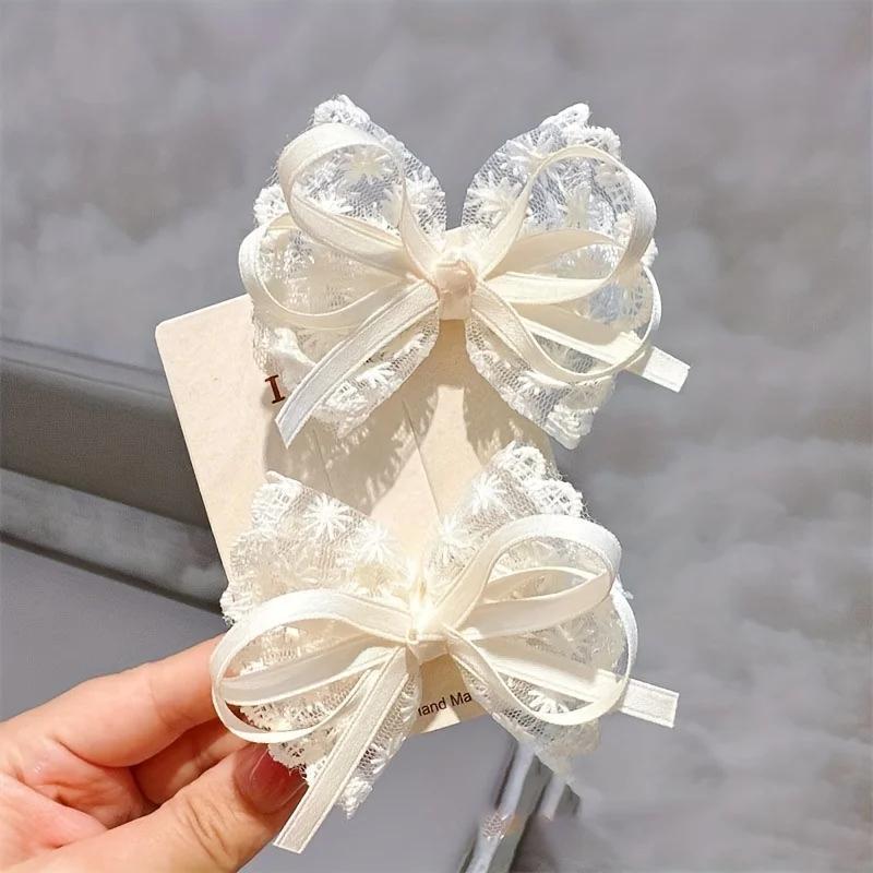 2Pcs Women Fashion Ribbon Floral Design Travel Casual Hair Accessory Elegant Hair Clip Elegant Lace Bow Hairpins