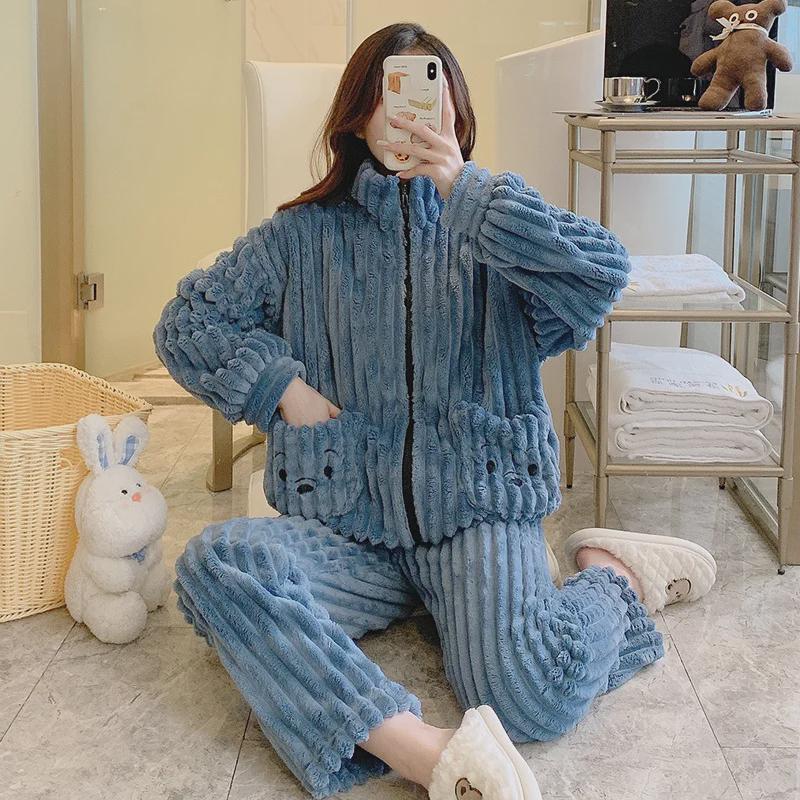 Женская зимняя пижама больших размеров из кораллового и жаккардового бархата - Милая и уютная домашняя одежда (До 200 фунтов)