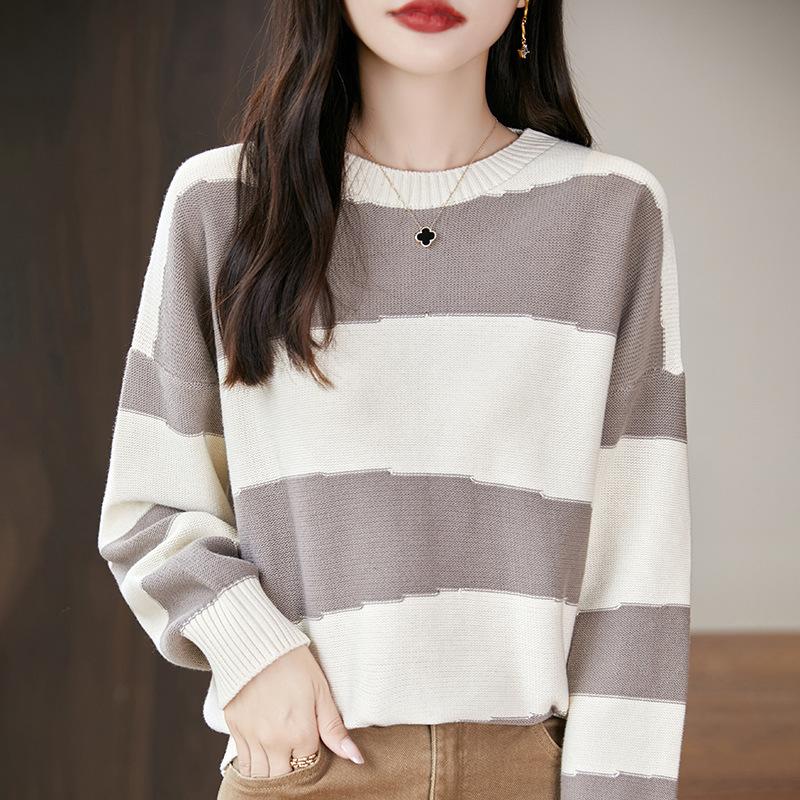 New Autumn and Winter Color-blocking Striped Sweater, Long-sleeved Color-blocking Knitted Retro Loose and Laid-back Top