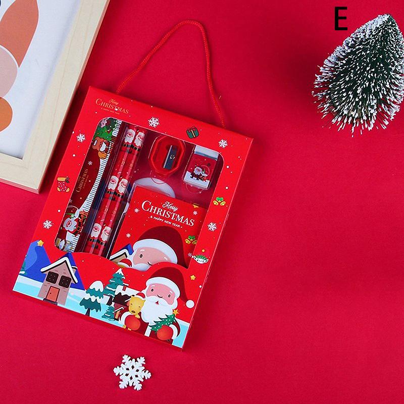1Set Christmas Stationery Set Kids Cartoon Pencils Eraser Ruler Memo Pads Pencil Knife Set School Supplies Back To School Gift