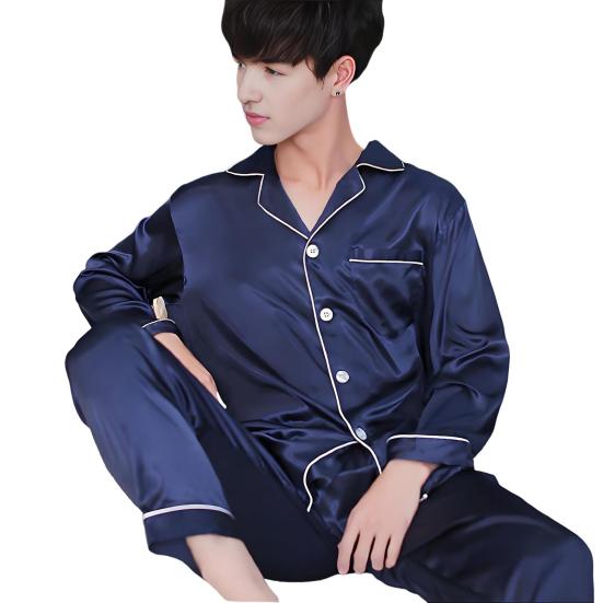 Комплект мужской пижамы из 2 предметов: Топ с лацканами и длинными рукавами на пуговицах, эластичные свободные длинные брюки. Домашняя одежда.