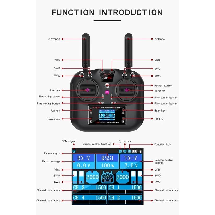 HotRC HT-10A Transmitter HT10A 2.4G 10CH Left / Right Hand Throttle Remote Control F10A Receiver for RC Plane Drone Aircraft Car